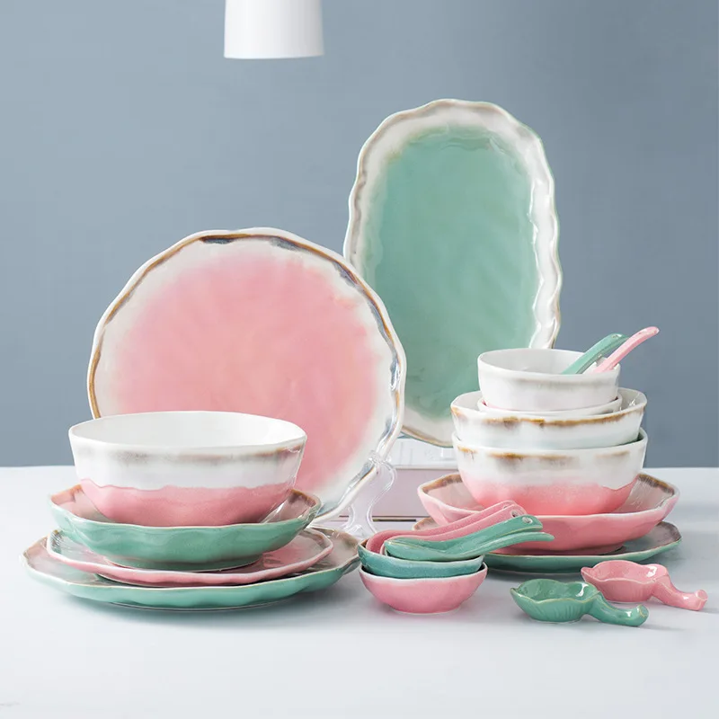 

Japanese kiln underglaze green pink ceramic tableware set fish dinner plate rice bowl dish sets customization