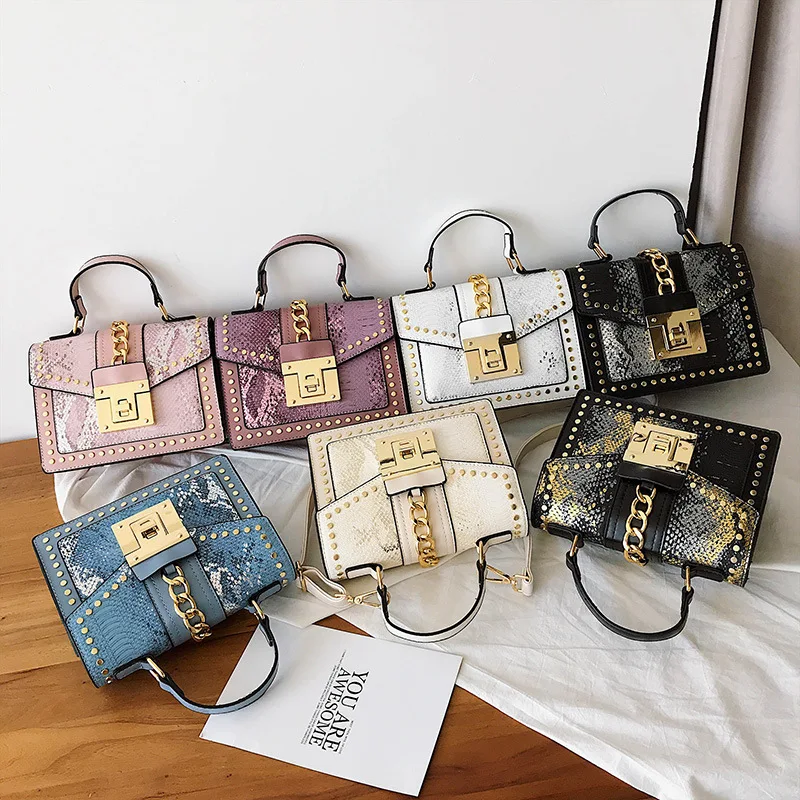 

BM9077 2020 new arrival High quality pu leather ladies snake skin handbag custom purse with rivet