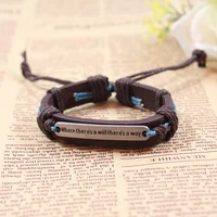 

custom charm fashion adjustable engraved inspire letter alloy cord genuine leather bracelet