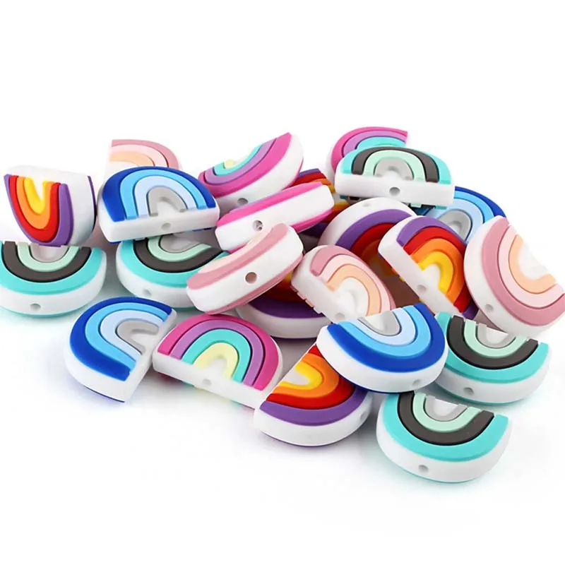 

Wholesale Price Food Grade Silicone Baby Teething Chewable Beads For Necklace Handmade Customized Rainbow Shape Teether Beads, Printed sign