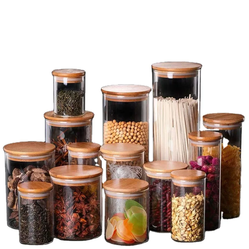 

Bamboo wood cover heat-resistant glass storage jar seasoning jar tea dried fruit glass bottle