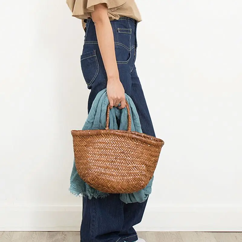 

EMG6237 shoulder braided leather bags girls women handmade cowhide weave tote bag