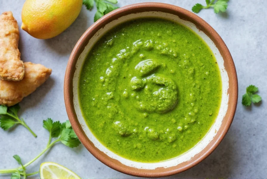 Freshly prepared coriander leaves chutney in a traditional stone mortar