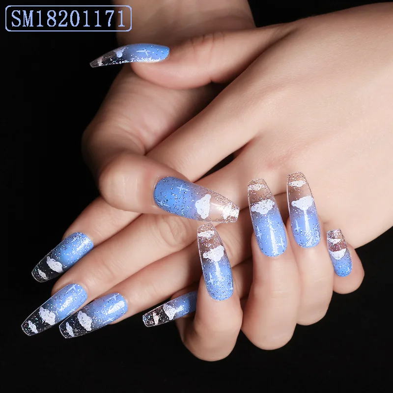 

Custom design blue sky white cloud glitter powder style artificial fingernails european style ballet long press on nails