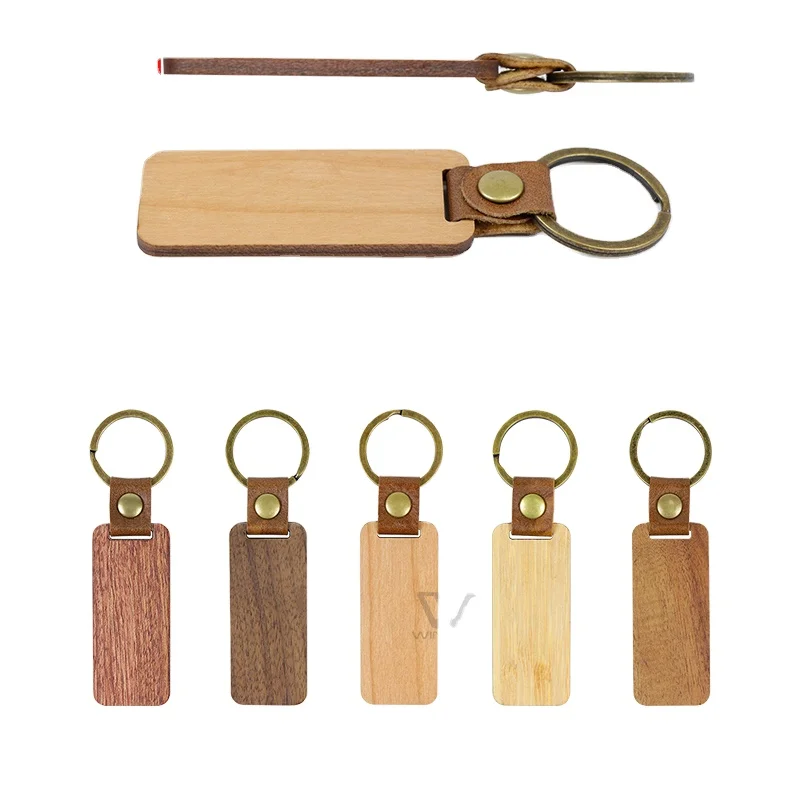 

Top Sellers Car Keyring Natural Wood Laser Engraving Logo Custom PU Leather Keychain Ring