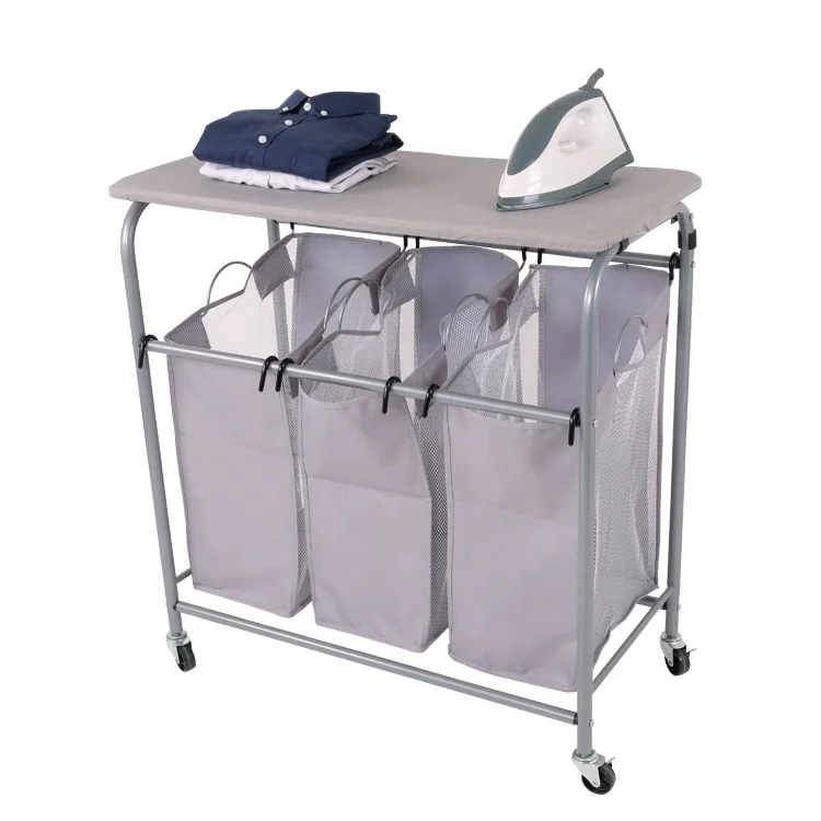 

Classic Rolling Laundry Sorter Cart Heavy Duty 3 Bags Laundry Hamper Sorter with Ironing Board, Customized color