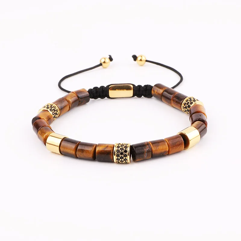 

Renting Jewelry New Design Natural Brown Tiger Eye Stone Tube Stainless Steel Beads CZ Charms Macrame Adjustable Bracelet Men