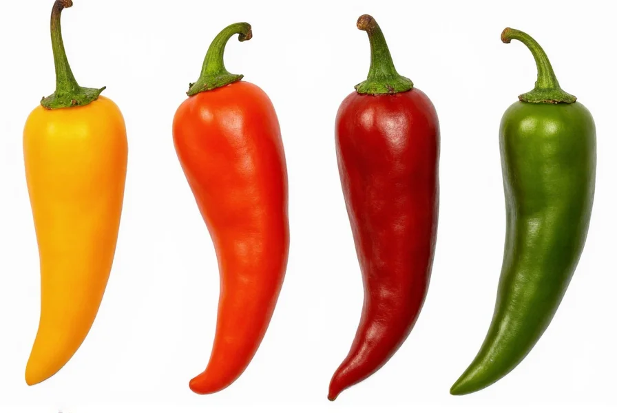 Side-by-side comparison of different Trinidad Scorpion pepper varieties showing color variations and tail shapes