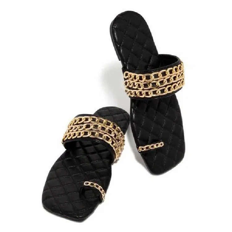 

Drop Shipping Flat Square Toe Chain Rubber Slippers Women Trendy Sandals Thong Sandals, 3 colors