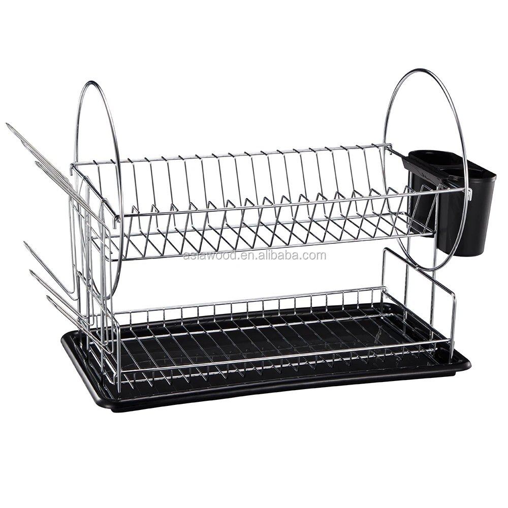 

2 Tier stainless steel kitchen dish racks metal dish drying racks table storage dish rack(AWK104), Black (siliver)