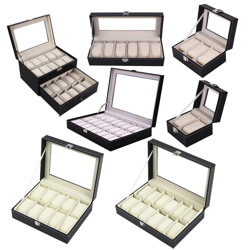 

Black PU leather 2 3 5 6 10 12 20 24 slot watch box glass open sunroof watch display box, Annatto color