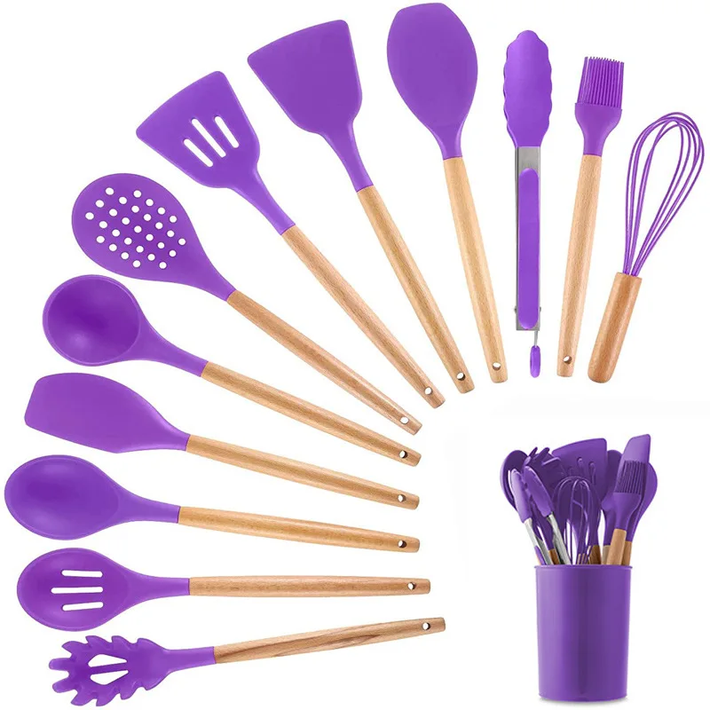 

Factory Wholesale Silicone Cooking Kitchen 11pcs Wooden Utensils Silicone Kitchenware