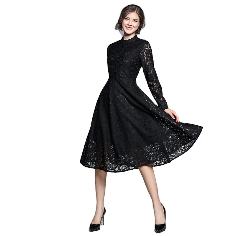 

High Quality Love&roses Midi Dress Sweet Black Blue Solid Color Floral Lace Casual Dress Manufactured In China, Picture shown