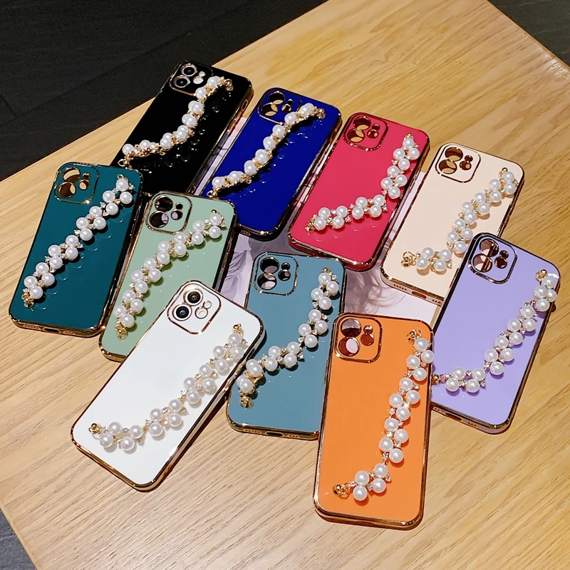 

2022 New 6d Plating Soft Wrist Strap Pearl Chain Phone Case For iPhone 13 12 11 Pro Max Fundas, Black,purple,pink,white,mint,blue,dark green,orange,rose red
