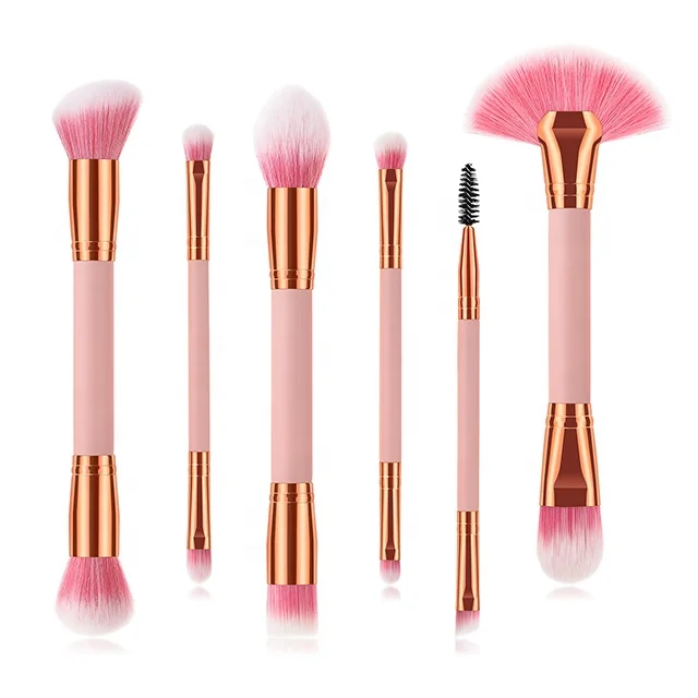 

6Pcs Makeup Brushes Double-End Brush Fan-Shaped Loose Powder Platinum Pink Gold Makeup Tools, Picture