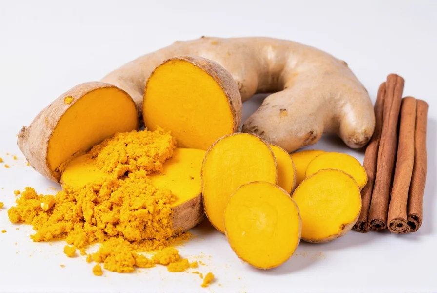 Turmeric root slices, fresh ginger, and cinnamon sticks arranged for tea preparation