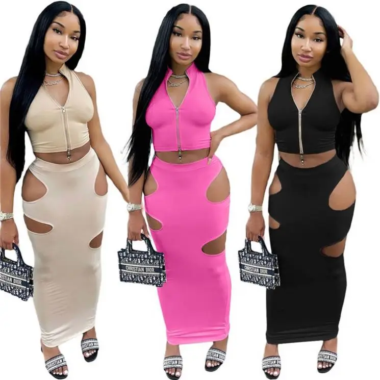 

FASHIONWINNIE Latest Design Women Clothing Solid Color Sexy Holes Sleeveless Zipper Top And Skirt Set Women Two Piece Skirt Set