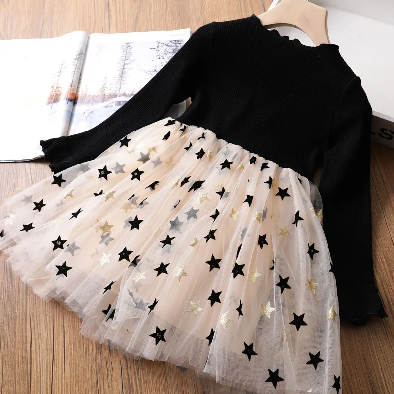 

Girls Winter Dress Kids Long Sleeve Star Sequined Princess Dresses Children Cotton Knitted Autumn Clothes