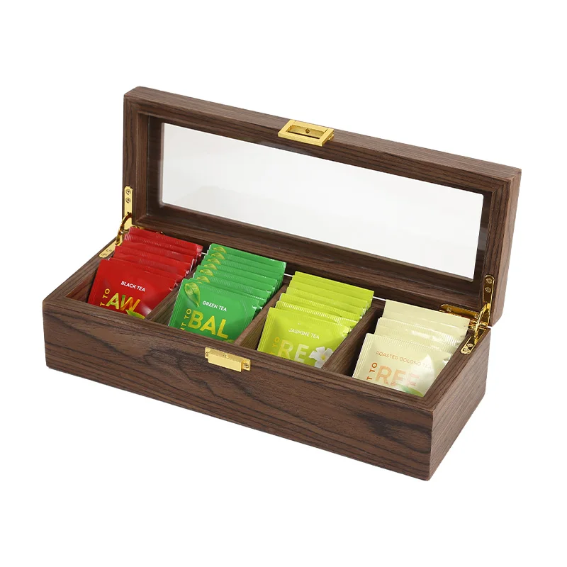 

2022 Wood Tea Bag Box organizer Tea Storage Organizer 4 Compartments with Clear Lid Tea Holder Storage Chest for Packets Coffee, Wooden