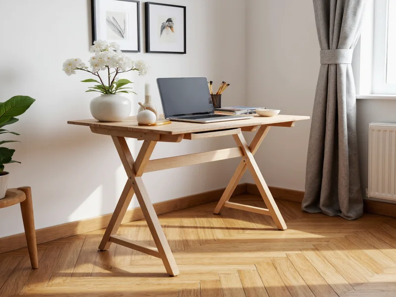 Compact folding craft table in apartment setting