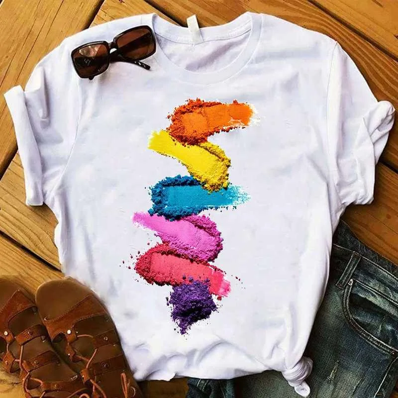 

LXY Ladies Milk Silk T-Shirt Women's 3D Color Nail Polish Print Round Neck Short Sleeve Cotton T-Shirt