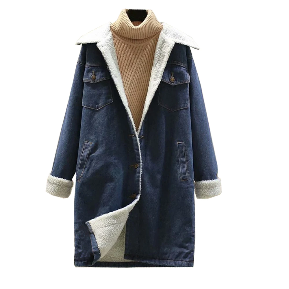 

Women lambswool jean Coat With 4 Pockets Long Sleeves Warm Jeans Coat Outwear Wide Denim Jacket