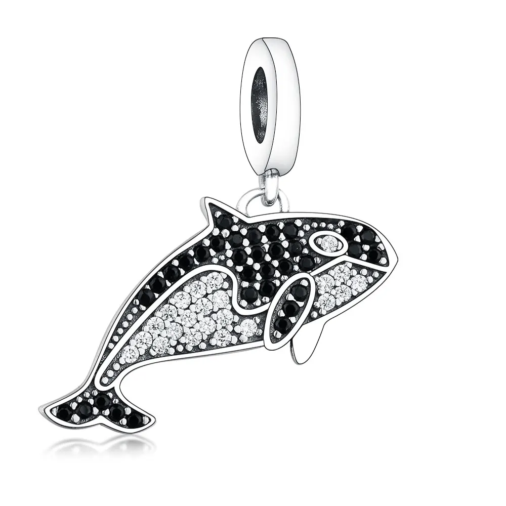 

New 925 Sterling Silver Black White Zircon Sea Fish Pendant Beads Charms Fit Original Pandora Charms Bracelet Necklace Jewelry