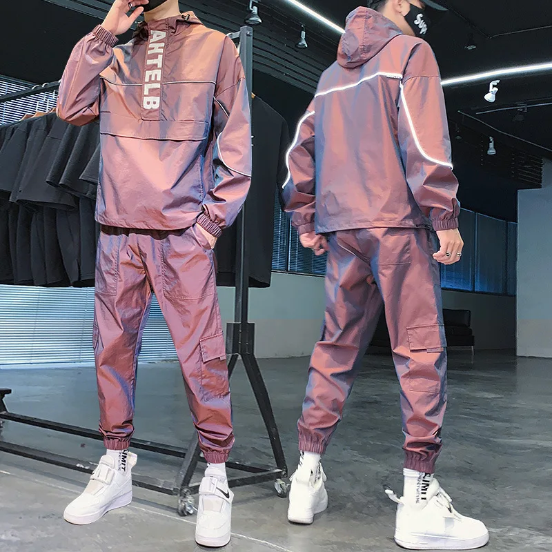 

2021 New Fashion Hip Hop Plus Size Reflective Hoodie Sweatsuit For Men Jogging Tracksuit