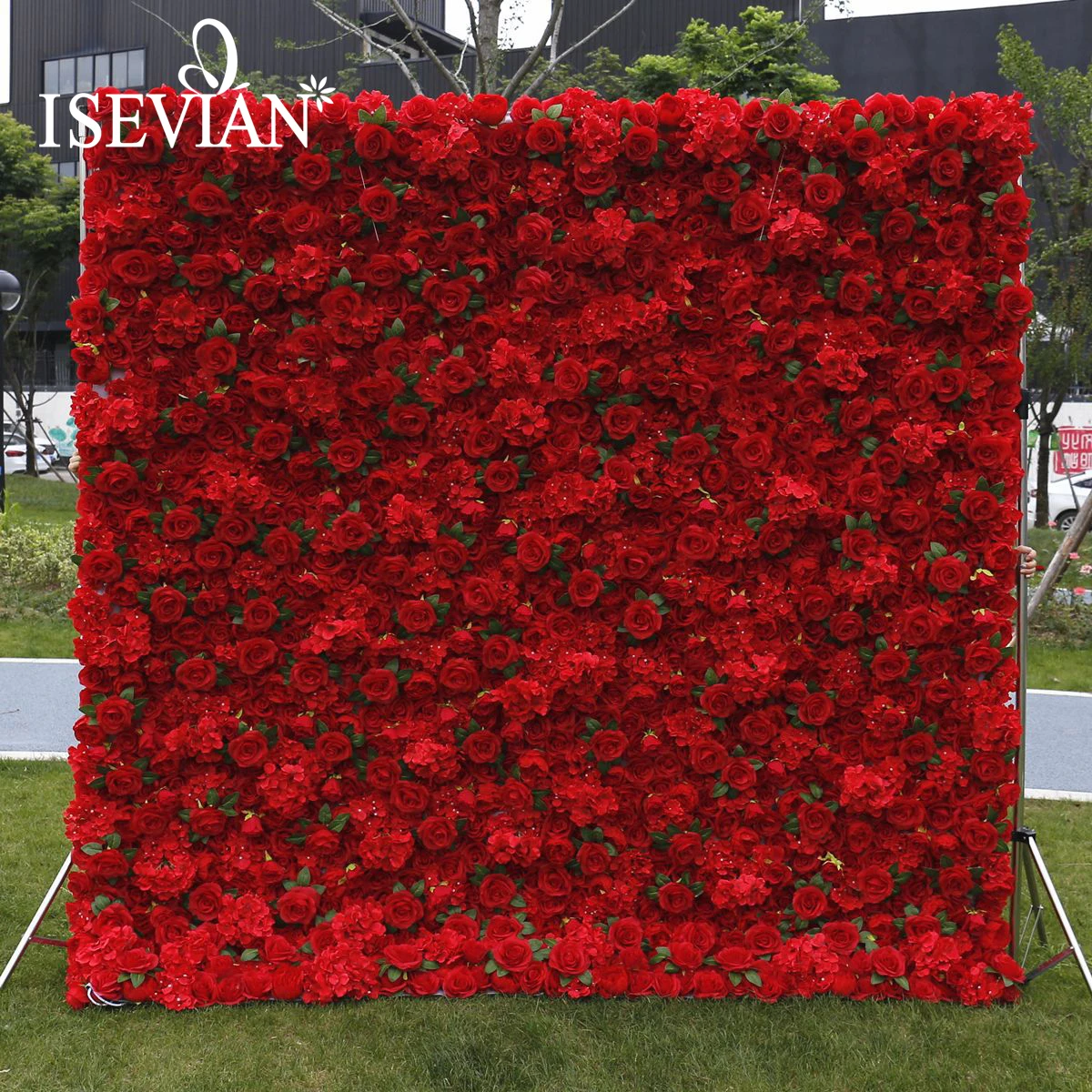ISEVIAN Artificial Red Peony Rose Hydrangea Flower Wall Panel Roll up Backdrop Wedding Decoration