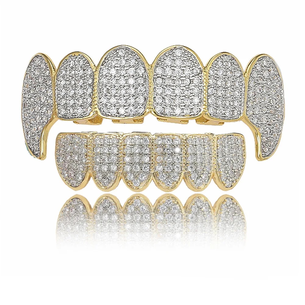 

New Design Pave Bling Bling Zircon 6 Top & Bottom Hip Hops Teeth Grillz Gold Plated Cubic Zirconia Teeth Grillz For Women Men