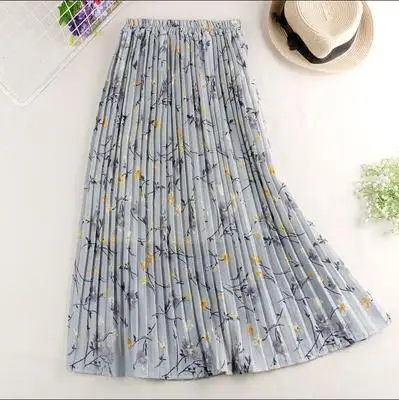

F10684A women summer skirts elastic waist floral casual pleated skirt, Grey/blue/apricot