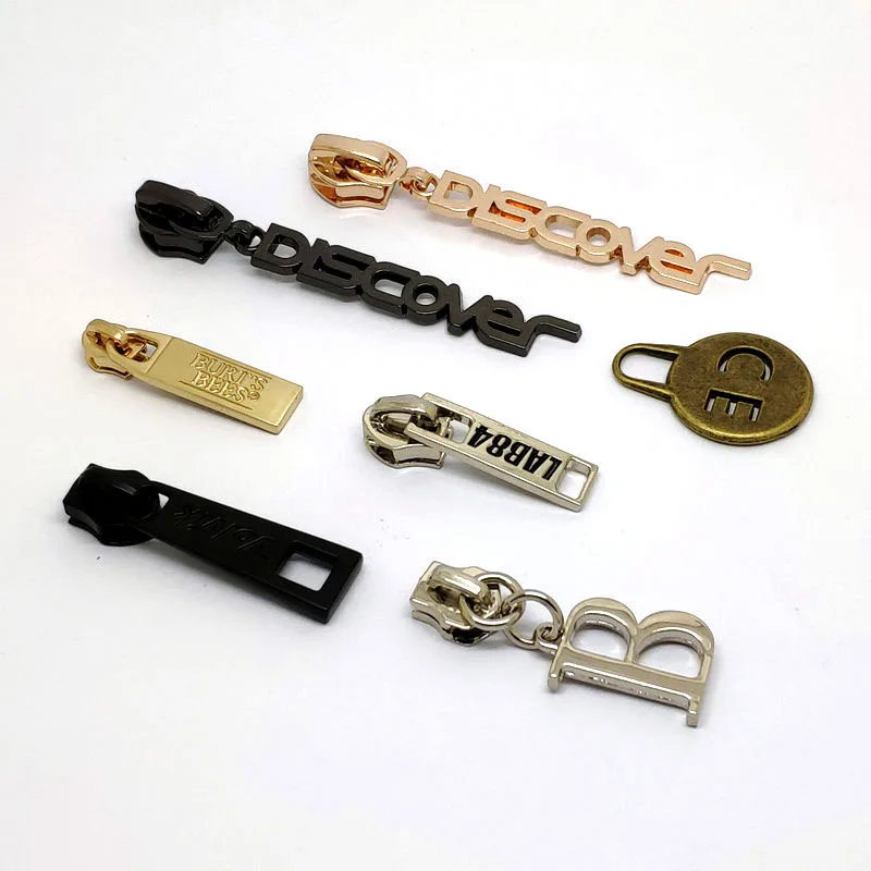 

Letter Style Design Metal Zipper Puller  Engraved Logo Metal Brand Zipper Slider Nylon Pulls With Lock For Handbag Garment, Plating color,antique brass,nickel,silver
