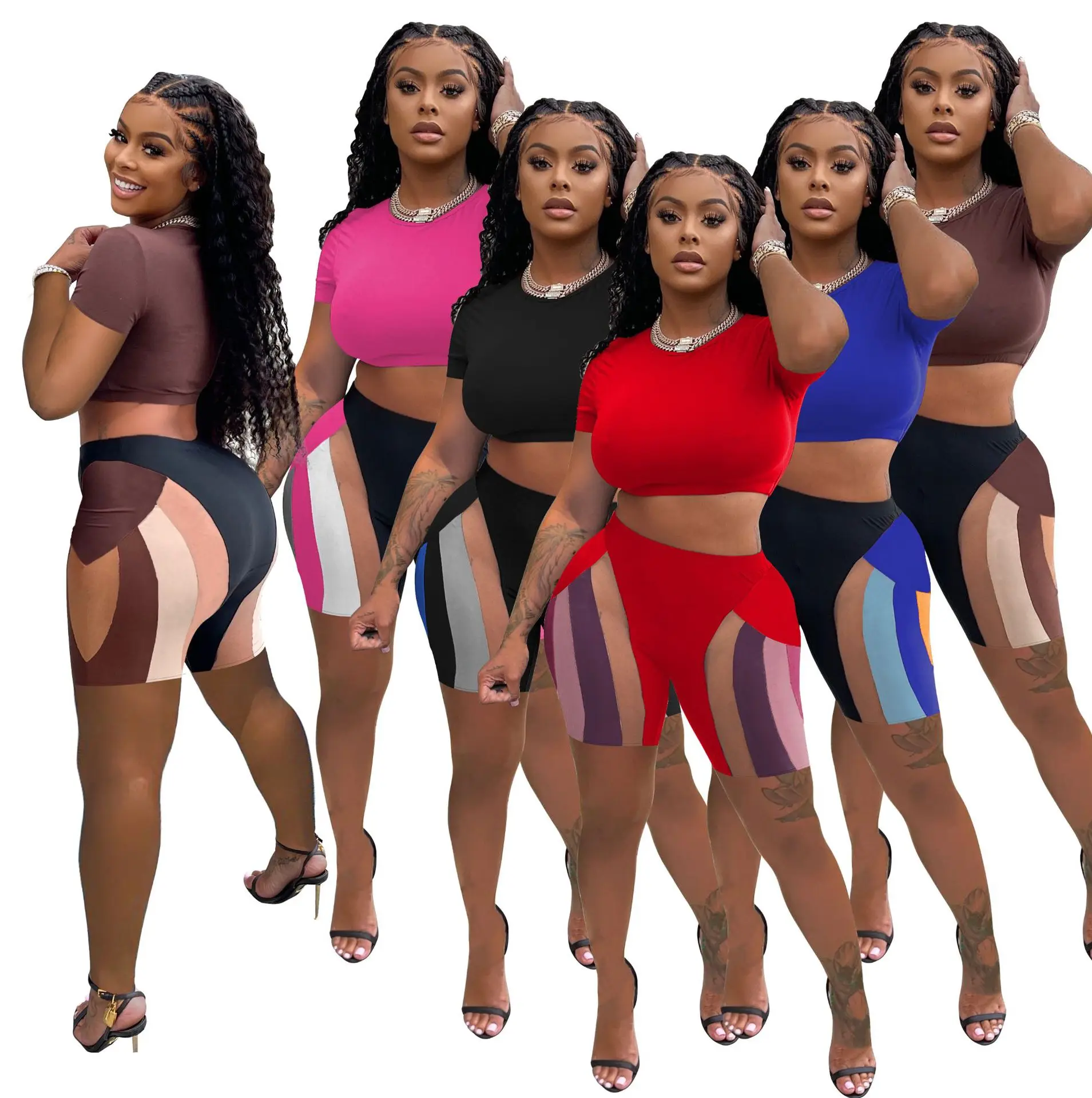 

2022 New Arrival Solid O Neck Short Sleeve Crop Top and Printed Shorts Bodycon Sets Women Sportswear Summer 2 Piece Set, Red,black,dark brown,rose red,blue