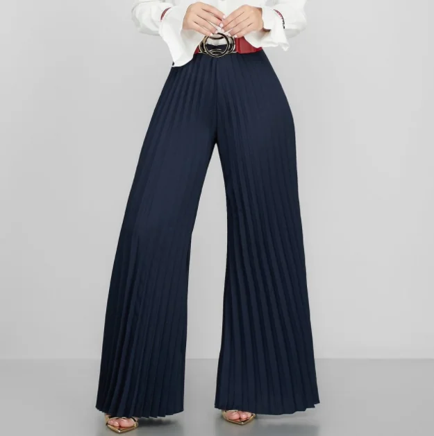 

Ladies elegant high waisted wide leg pants spring retro custom flared pants women casual solid color zipper breeches women