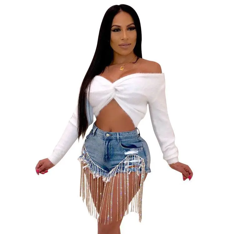 

Women Jean pants with chain ripped jeans mujer women FM-LD6007, As pictures