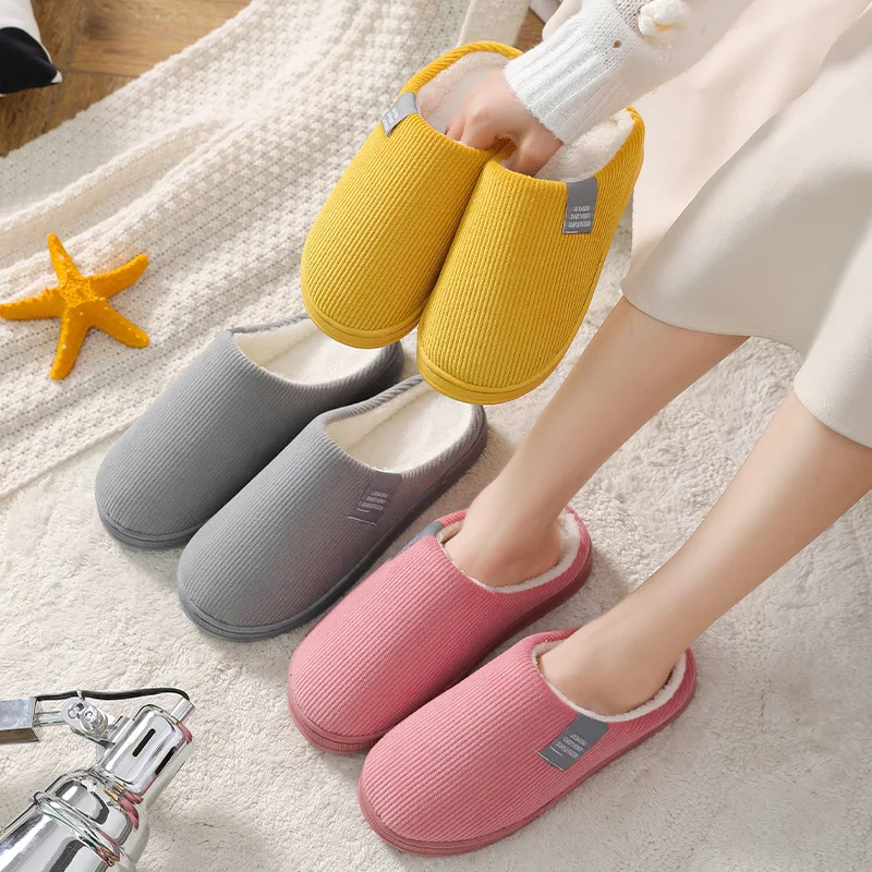 

Winter Household Vertical corduroy Slippers Confinement Shoes Wool Slippers Couple IndoorWarm cotton Flat-bottom Shoes