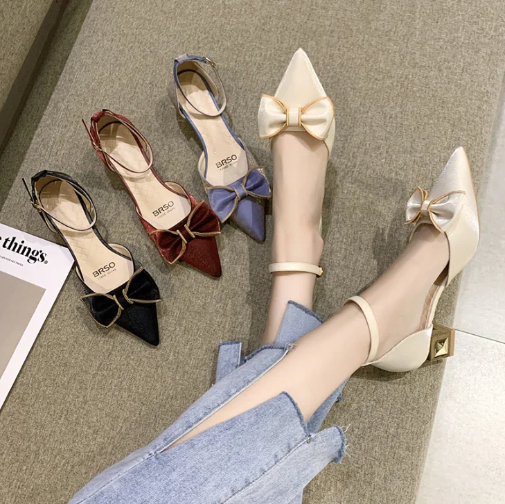 

2022 Spring Summer New Fashion Women Bow Knot High Heel Sandals Thick Heel Pumps, As pictures