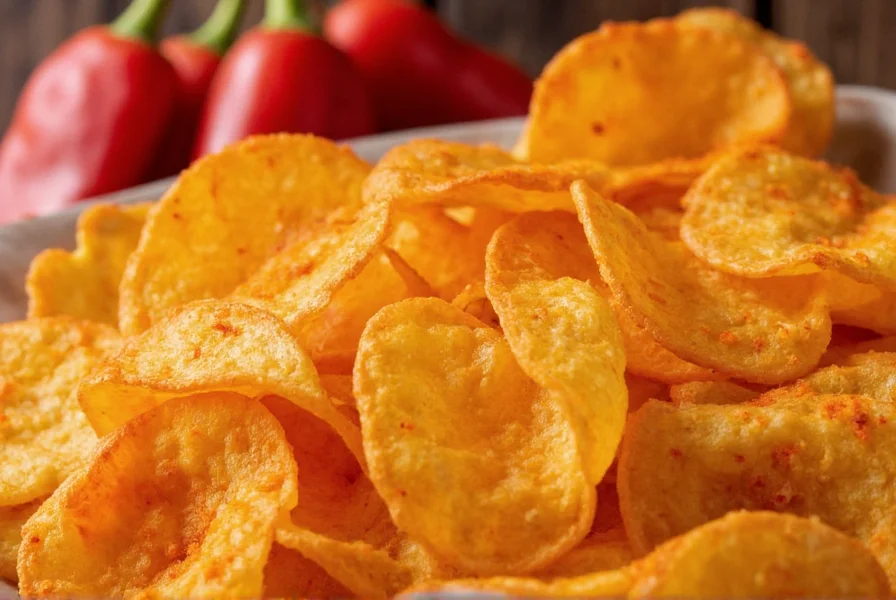 Close-up photography of ghost pepper chips showing orange-red seasoning on golden potato chips with Bhut Jolokia peppers in background