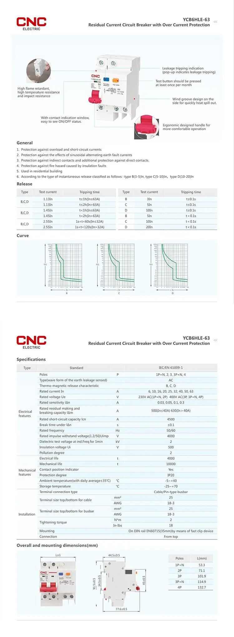Free Sample YCB6HLE Series RCBO with over Current Protection