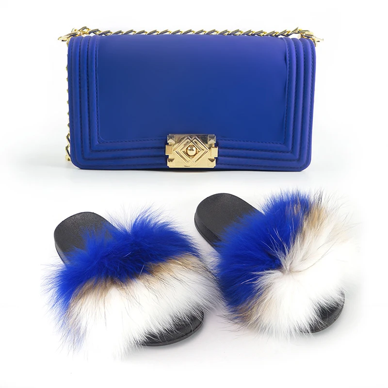 

2021 crazy selling 2 pieces set colorful fur slides and jelly purses handbag for women