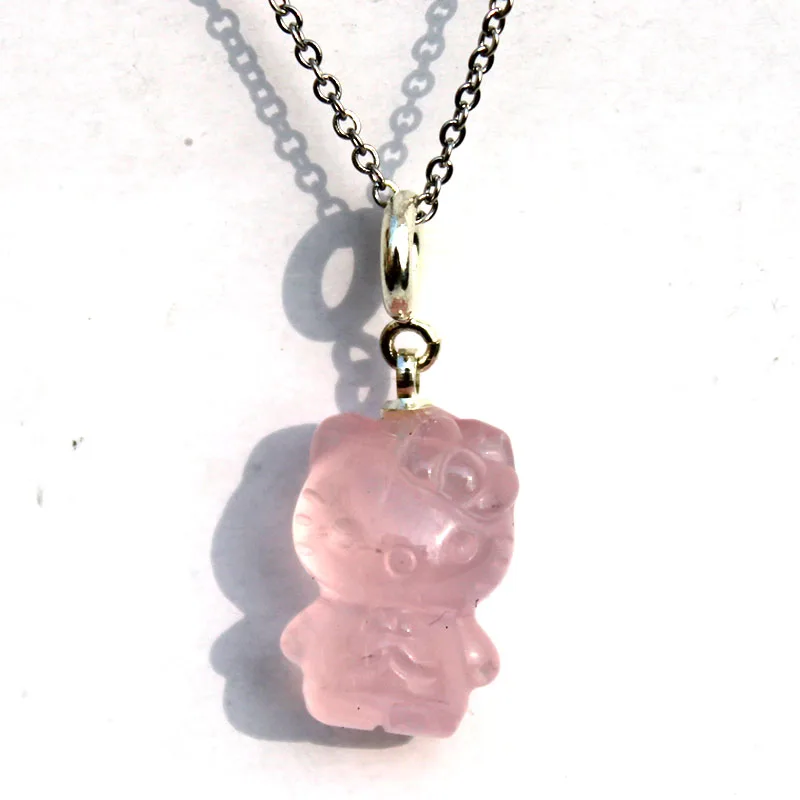 

Wholesale Price Natural Rose Quartz Healing Stone Crystal Hello Kitty Carving Pendant With Chain