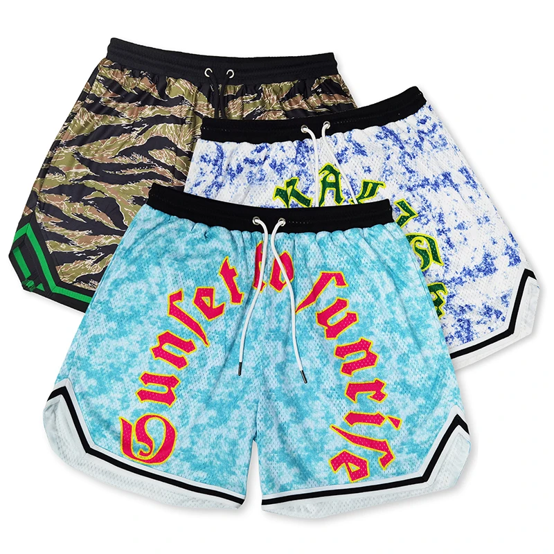 

Sports Trend Loose Mens Shorts Tie Dye Printed Lettered Multi Pocket Mesh Shorts