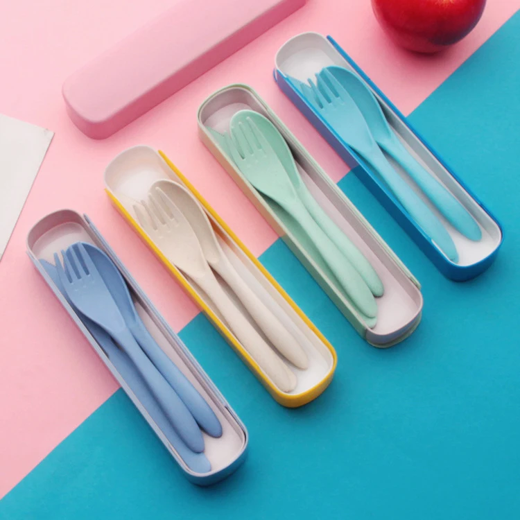 

Biodegradable disposable wheat straw cutlery set three portable knife fork spoon