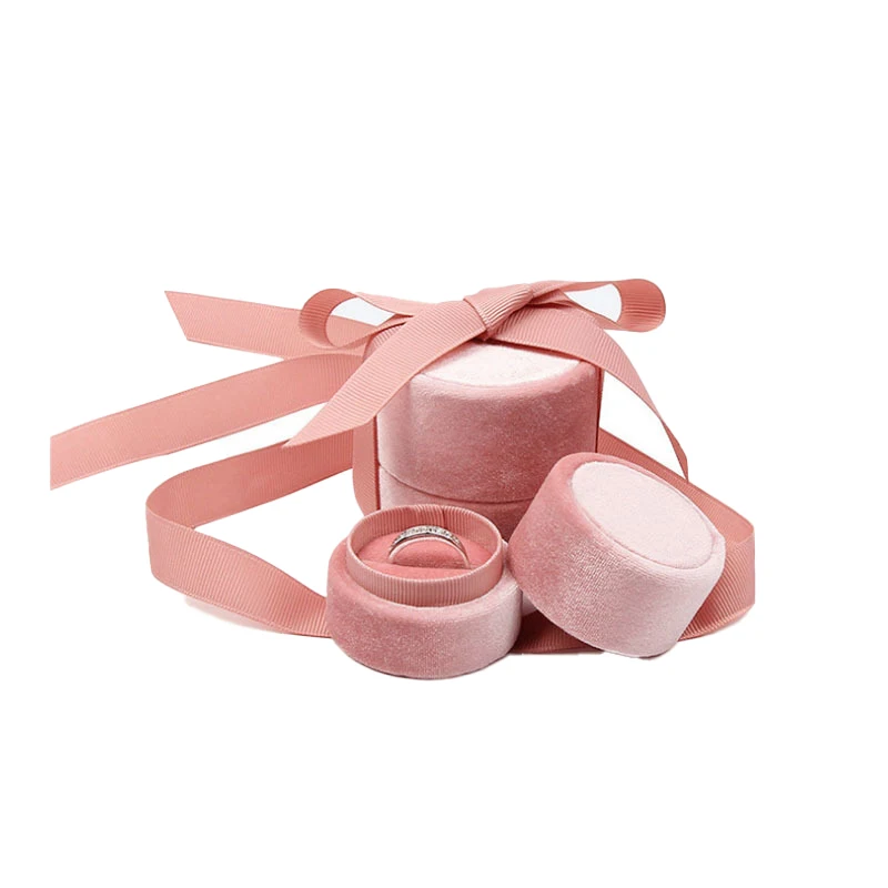 

Tongxing Small Round Jewelry Box Packaging with Ribbon Velvet Wedding Ring Pendant Round Pink Jewellery Packaging Box