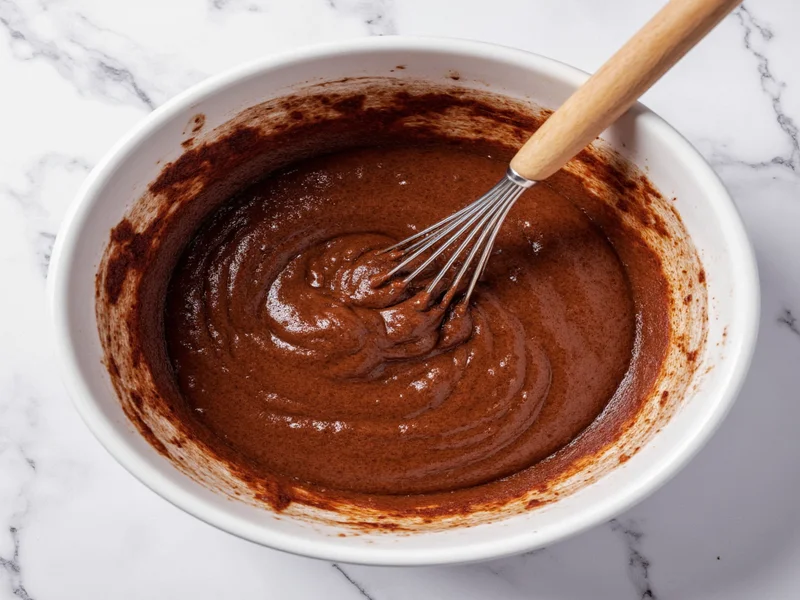 Mixing brownie batter in single bowl with simple ingredients