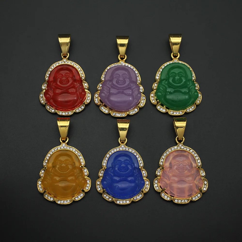 

Hiphop Fashion Gold Crystal Jade Buddha Necklace With Chain