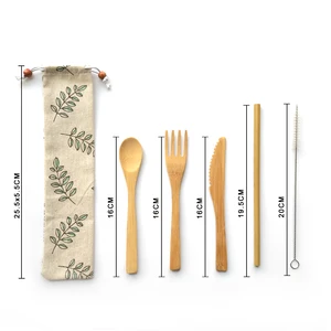 Bamboo Cutlery Set flatware tableware utensils set Including Bamboo Knife, Fork, Spoon, Metal Straw with Clean Brush