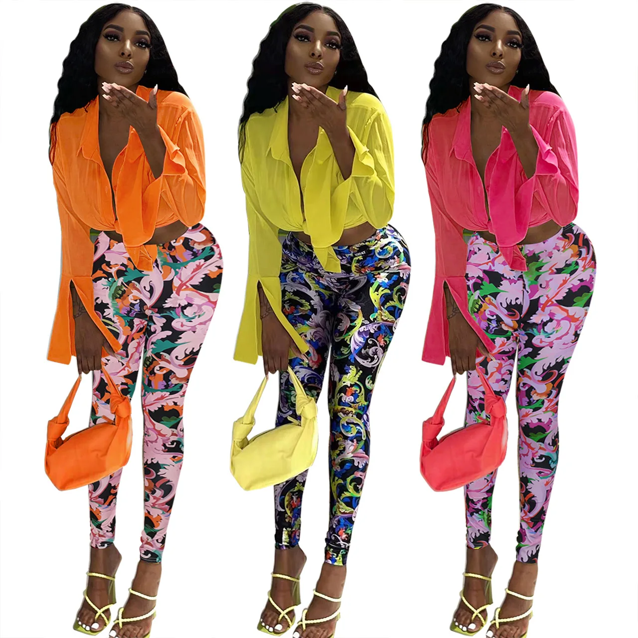

2022 new arrivals Popular design long sleeve blouse printing trousers sexy 2 piece set women, Picture color