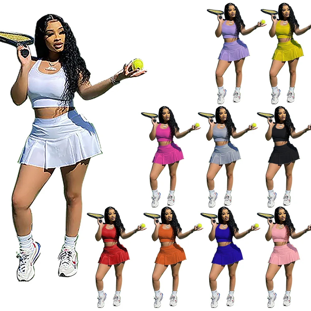 

Women Outfit 2 Piece Jersey Tennis Skirt Sets For Girls Clothing Women Biker Sports Two Piece Short Dresses Set