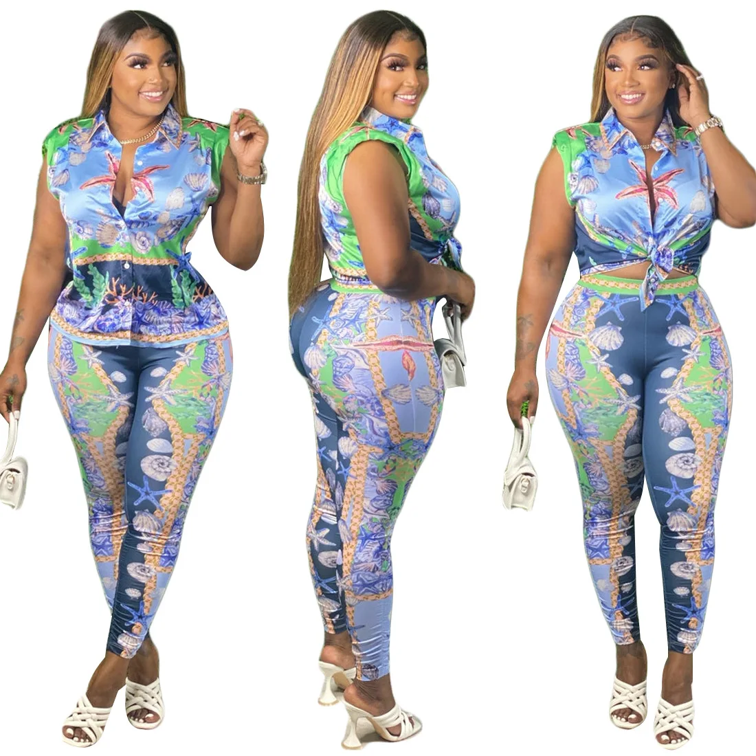 

Wholesale matching womens wear sleeveless printing clothes two piece set for luxury clothing women, 9 colors